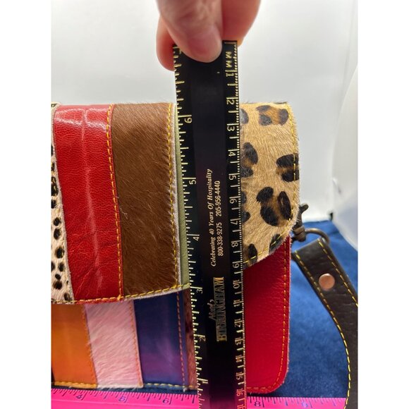 Patchwork Leather Crossbody Bag - Multicolor Stripes Adjustable Strap Animal Pri - Picture 15 of 16